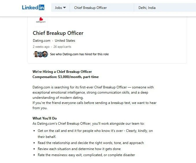 A COMPANY IS HIRING FOR CHIEF BREAKUP OFFICER