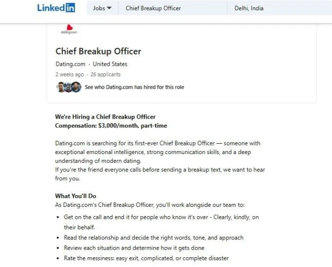 A COMPANY IS HIRING FOR CHIEF BREAKUP OFFICER