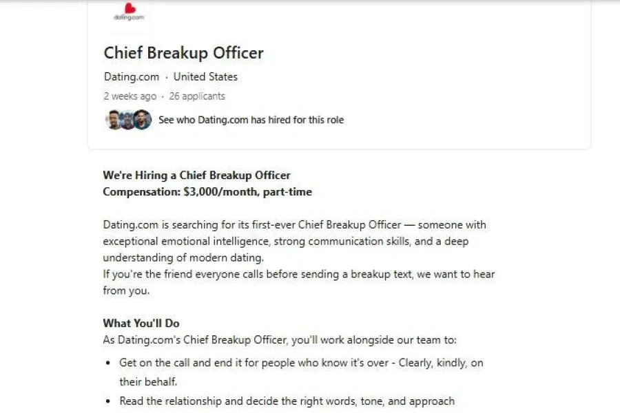 A COMPANY IS HIRING FOR CHIEF BREAKUP OFFICER