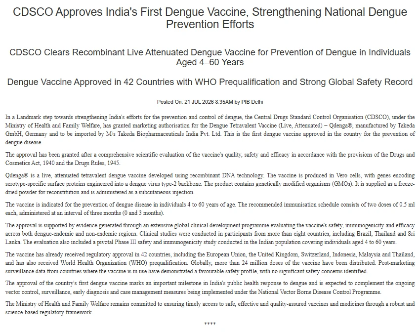 India approves its first Dengue Vaccine - QDENGA