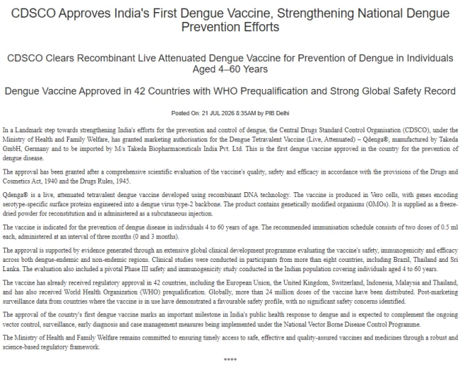 India approves its first Dengue Vaccine - QDENGA