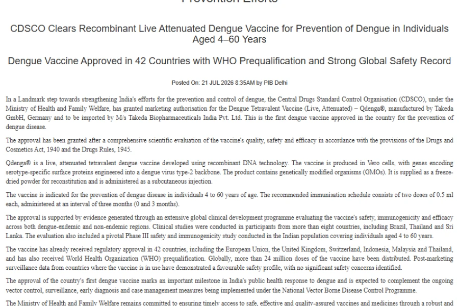 India approves its first Dengue Vaccine - QDENGA